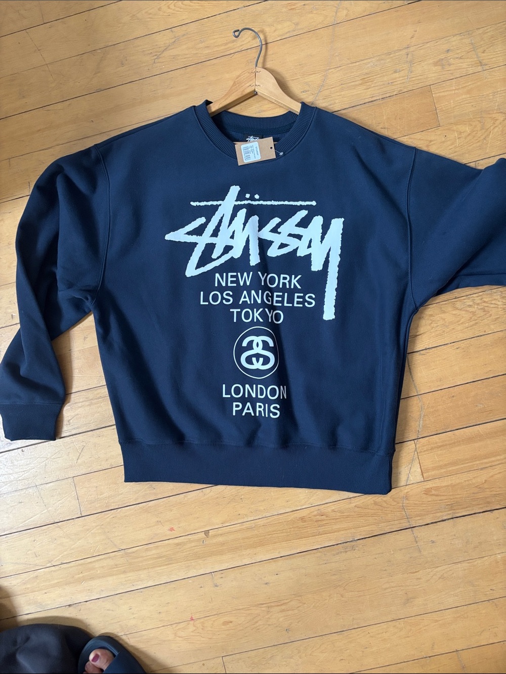 Stussy Men's Navy Crewneck Sweatshirt with White Logo